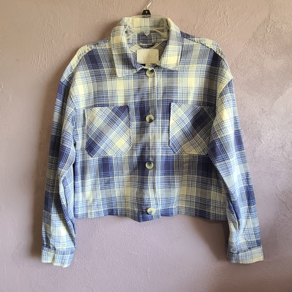 Ashley by 26 International Plaid Shacket Women M Blue Cropped Button Up JKJR2516